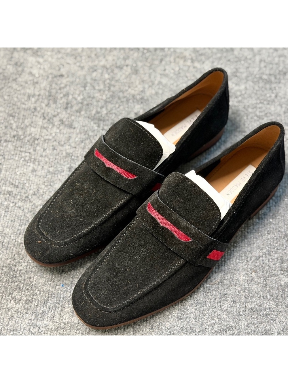 Steve Madden KING Black Suede Penny Loafers Red Stripe NWOB